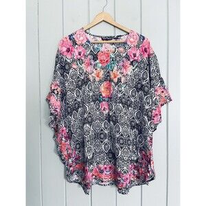 Tolani Collection Top MP Printed Woven Caftan Tunic Black Floral A347419